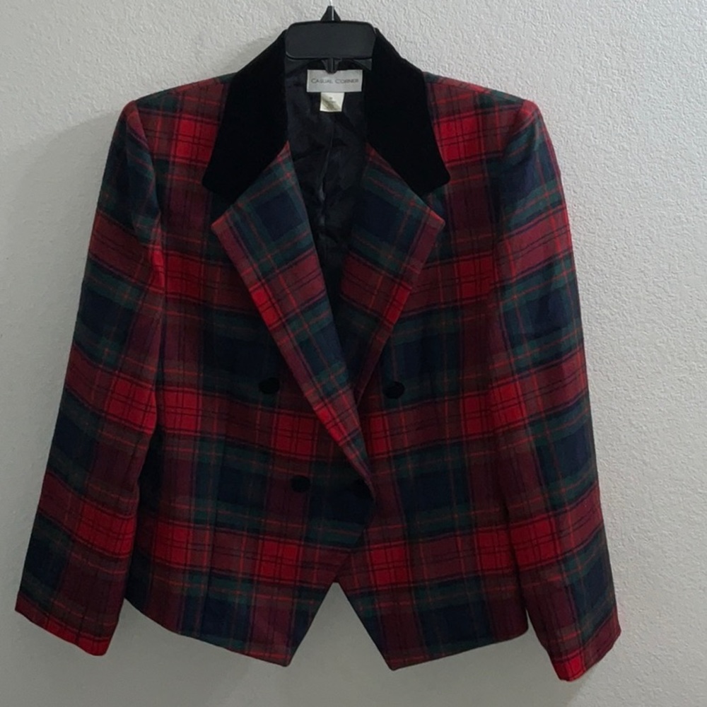 Vintage Casual Corner Holiday Tartan Plaid Blazer Black Velvet Collar sz 14